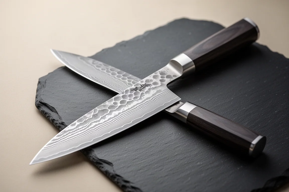 Japanese chef's knife with layered blade pattern on a dark stone surface