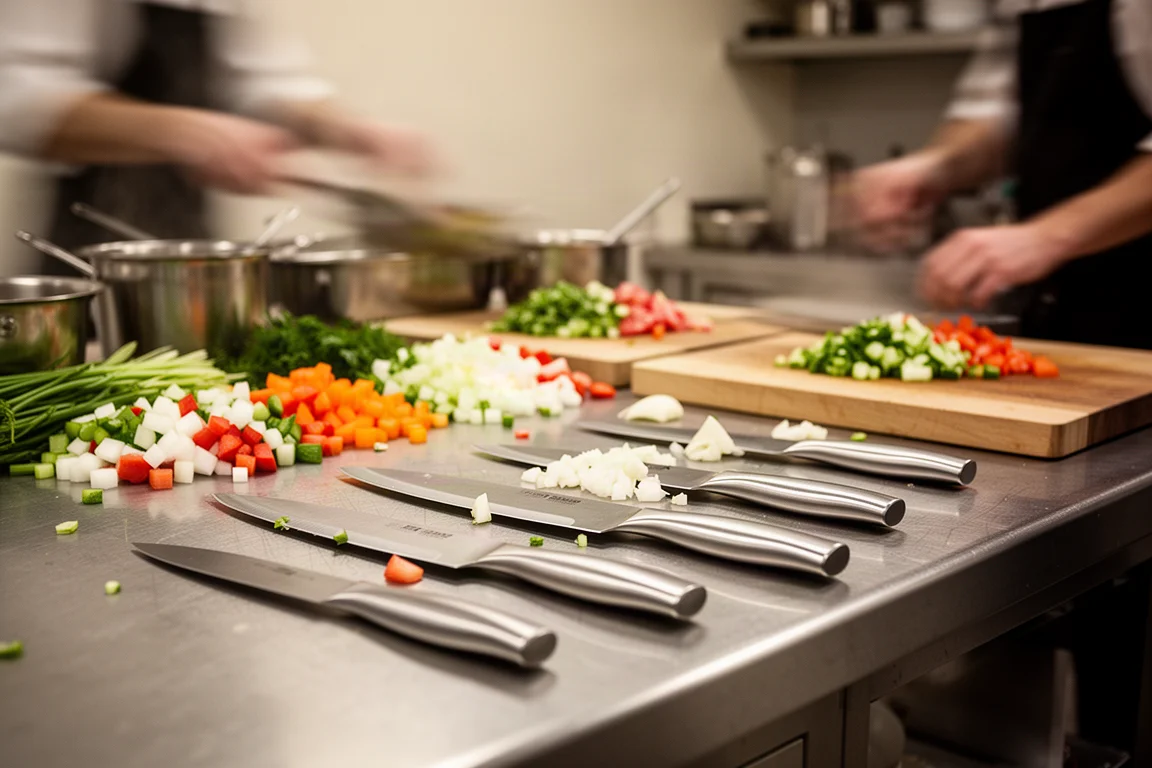 Busy professional kitchen counter with knives lined up during prep work