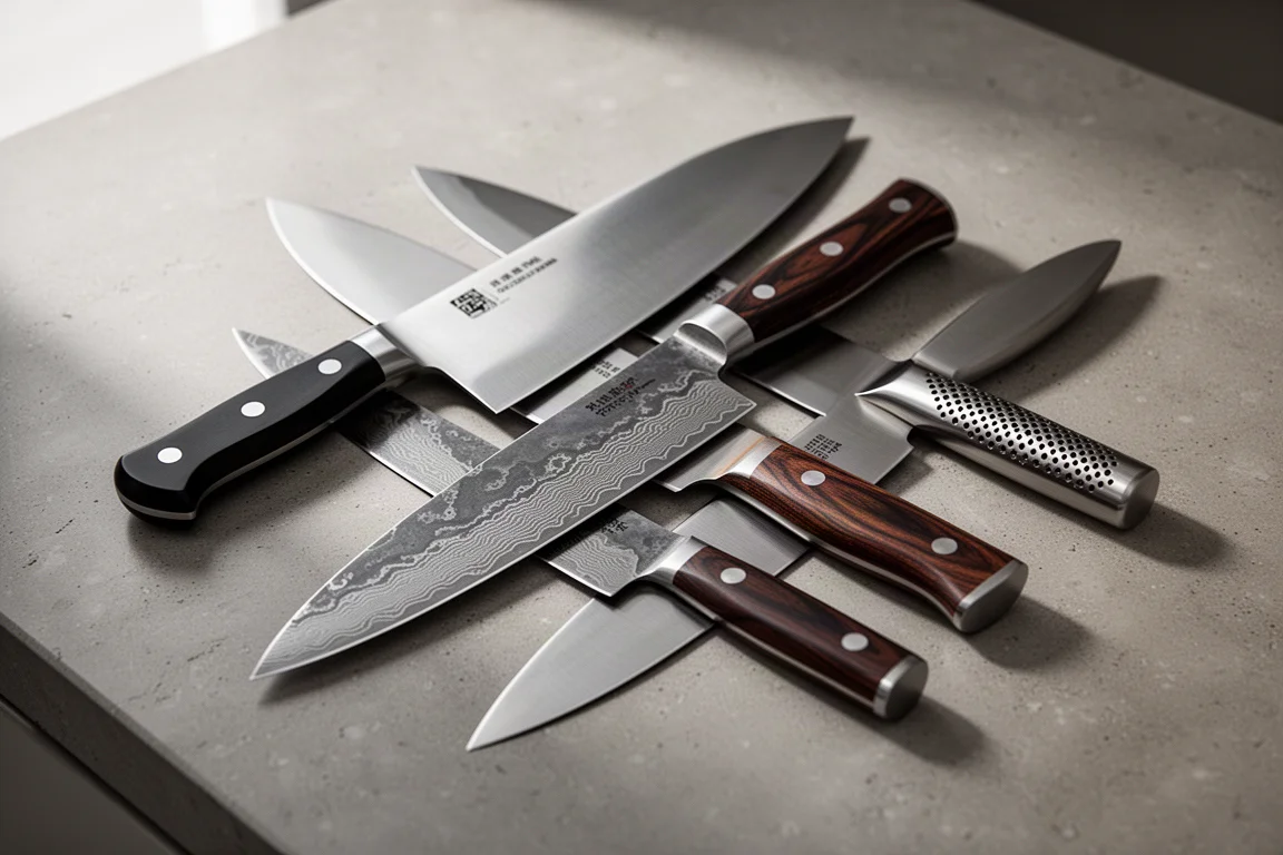 Collection of premium chef's knives with German, Japanese, and all-steel designs on a kitchen counter