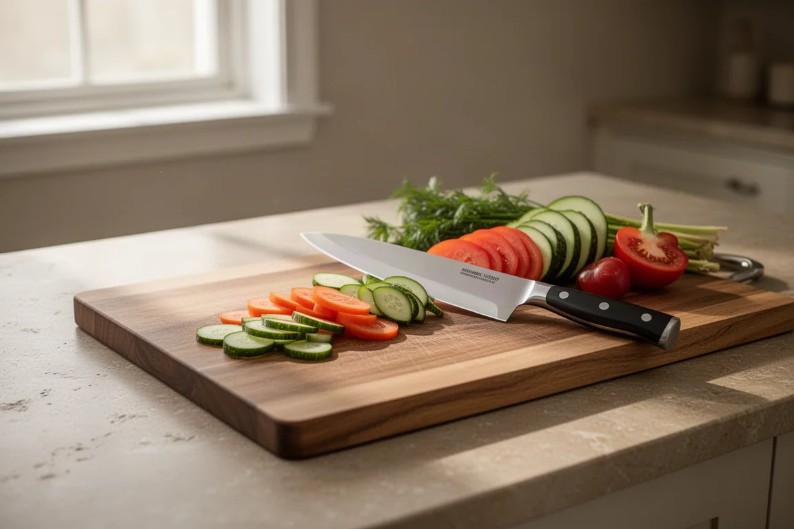 Una persona affetta verdure su un tagliere di legno in una cucina di casa