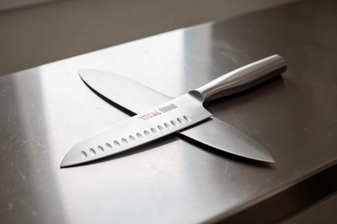 Un coltello santoku che cattura una luce soffusa su un piano cucina minimalista