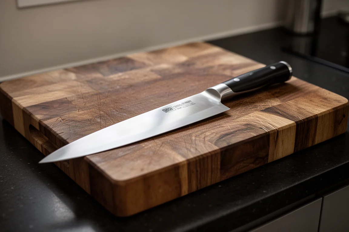 Un lungo coltello chef appoggiato accanto a un tagliere professionale da cucina