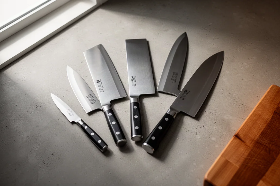 Eine Sammlung japanischer Küchenmesser auf einer Betonfläche neben einem Holzbrett