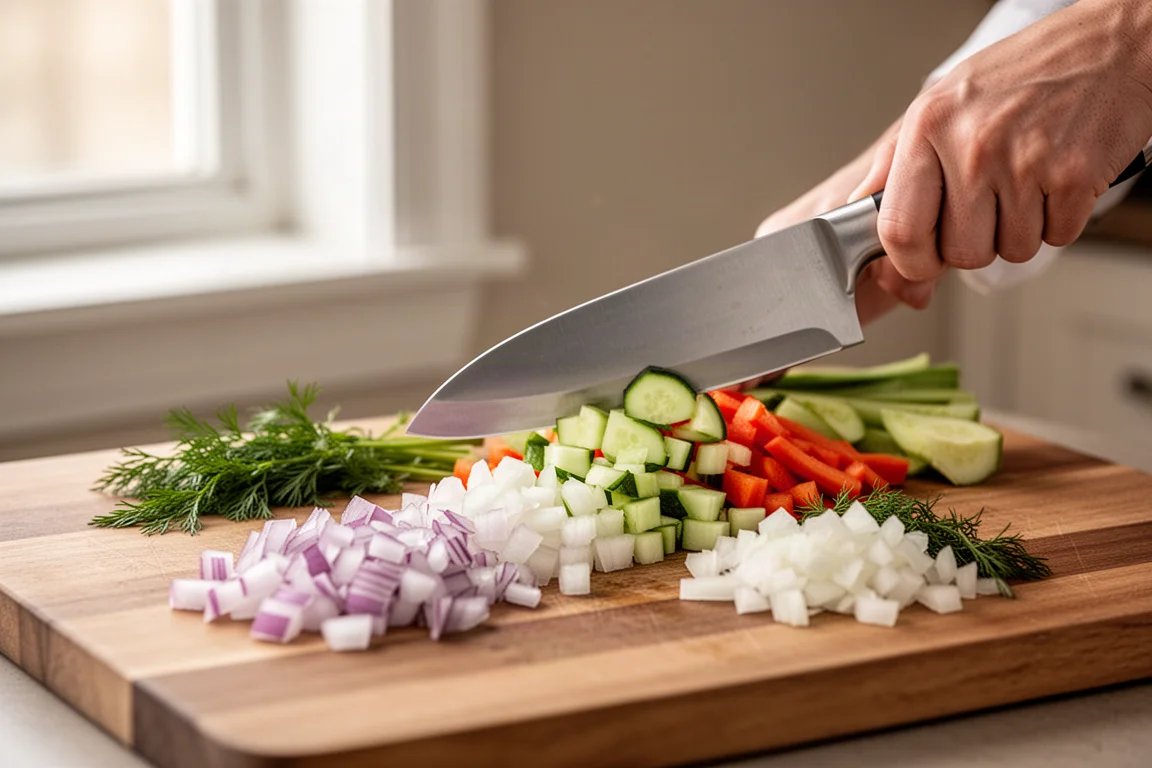 Chef's knife slicing through fresh vegetables on a wooden cutting board