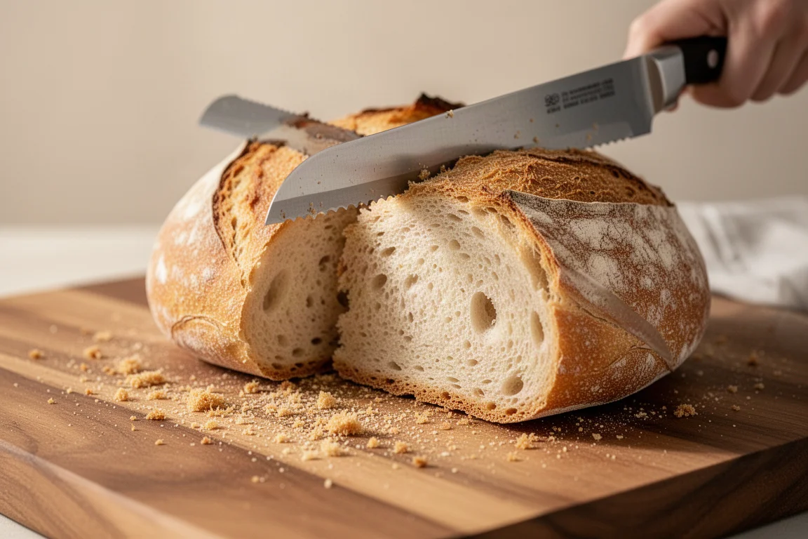 Serrated bread knife cutting through a crusty loaf of artisan bread