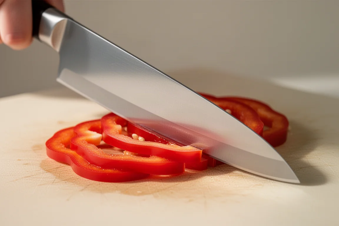 Close-up of a Japanese-style vegetable knife making a clean straight cut