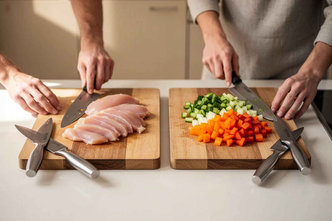 Two cooks preparing a stir fry side by side with separate knives and cutting boards