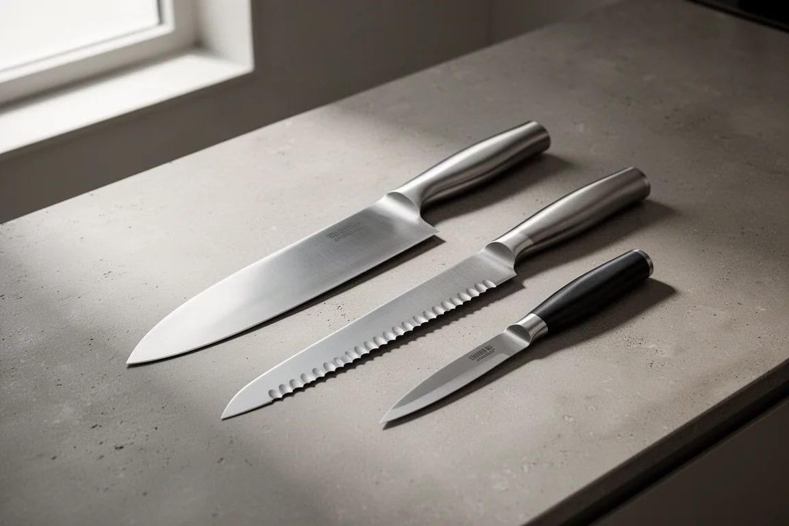 Chef's knife, bread knife, and paring knife arranged on a concrete kitchen counter