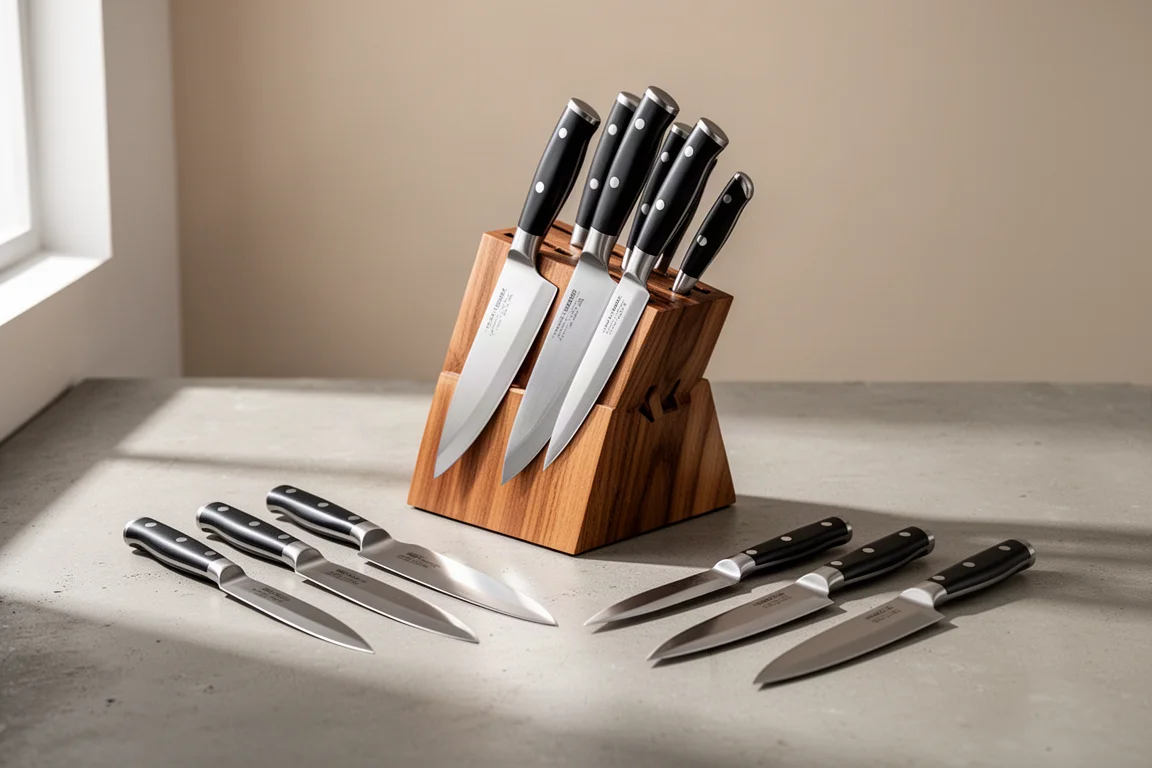 A lineup of kitchen knife sets with a wooden block and fanned blades on a concrete surface