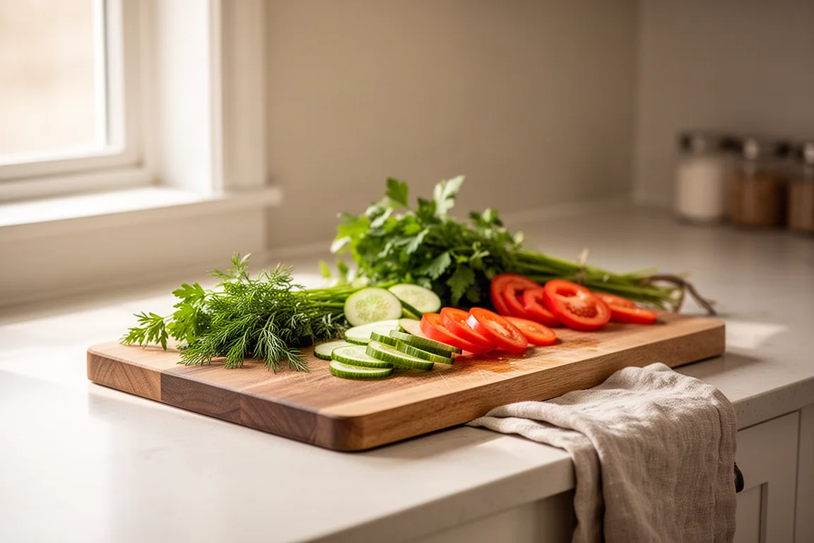 Piano di lavoro di una cucina domestica attiva con tagliere e ingredienti freschi