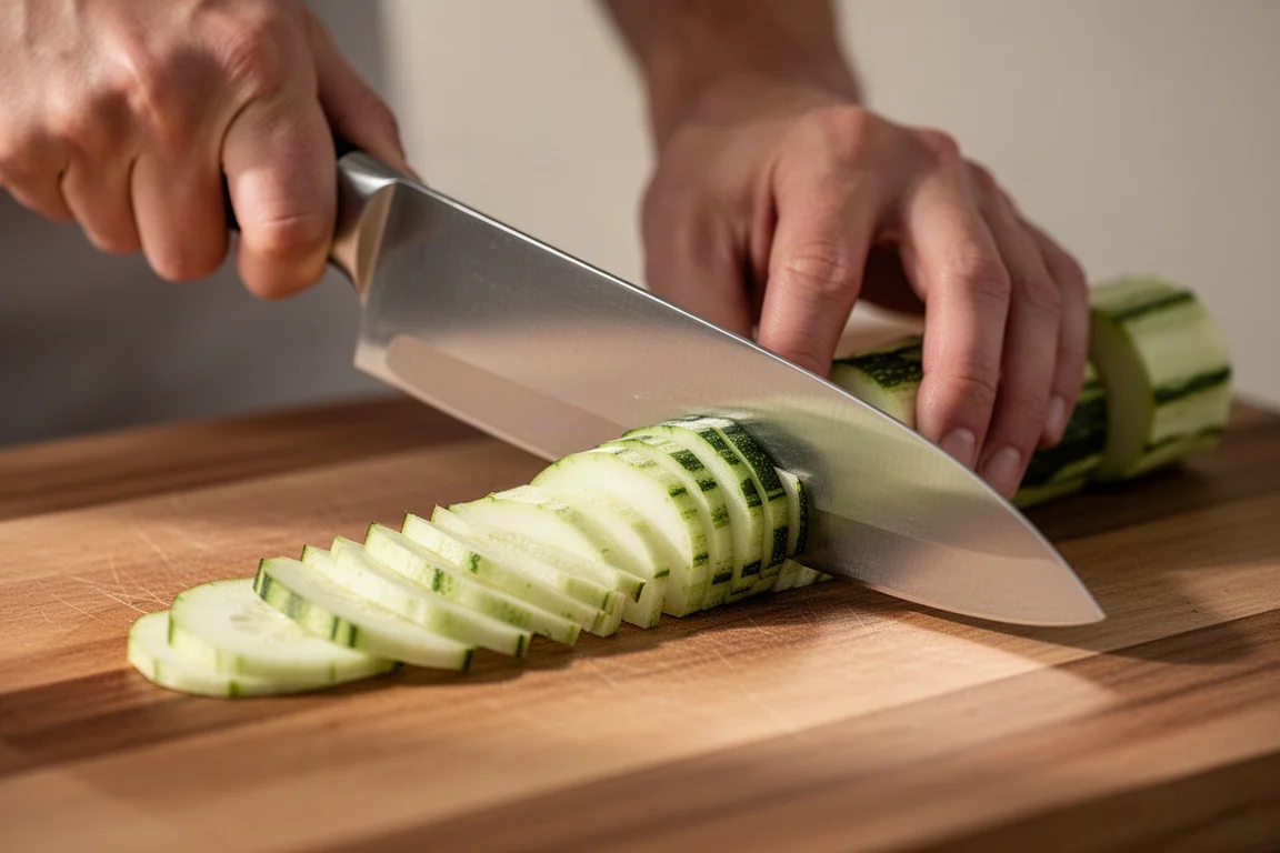 Primo piano della mano di uno chef che guida una fetta sottile attraverso le verdure