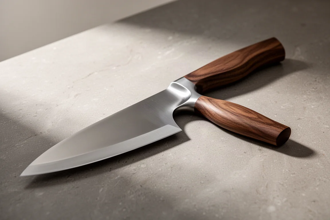 Manico ergonomico di un coltello da chef di fascia alta appoggiato su un piano in pietra
