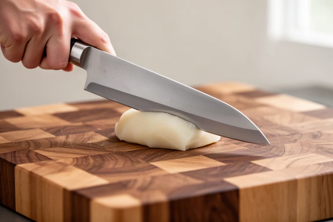 Coltello giapponese kiritsuke lungo che affetta un ingrediente morbido su un tagliere