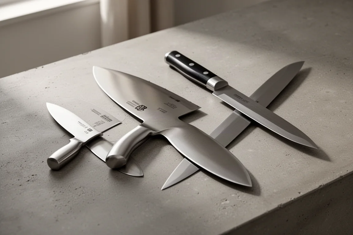 Three chef's knives of different sizes arranged on a concrete kitchen surface