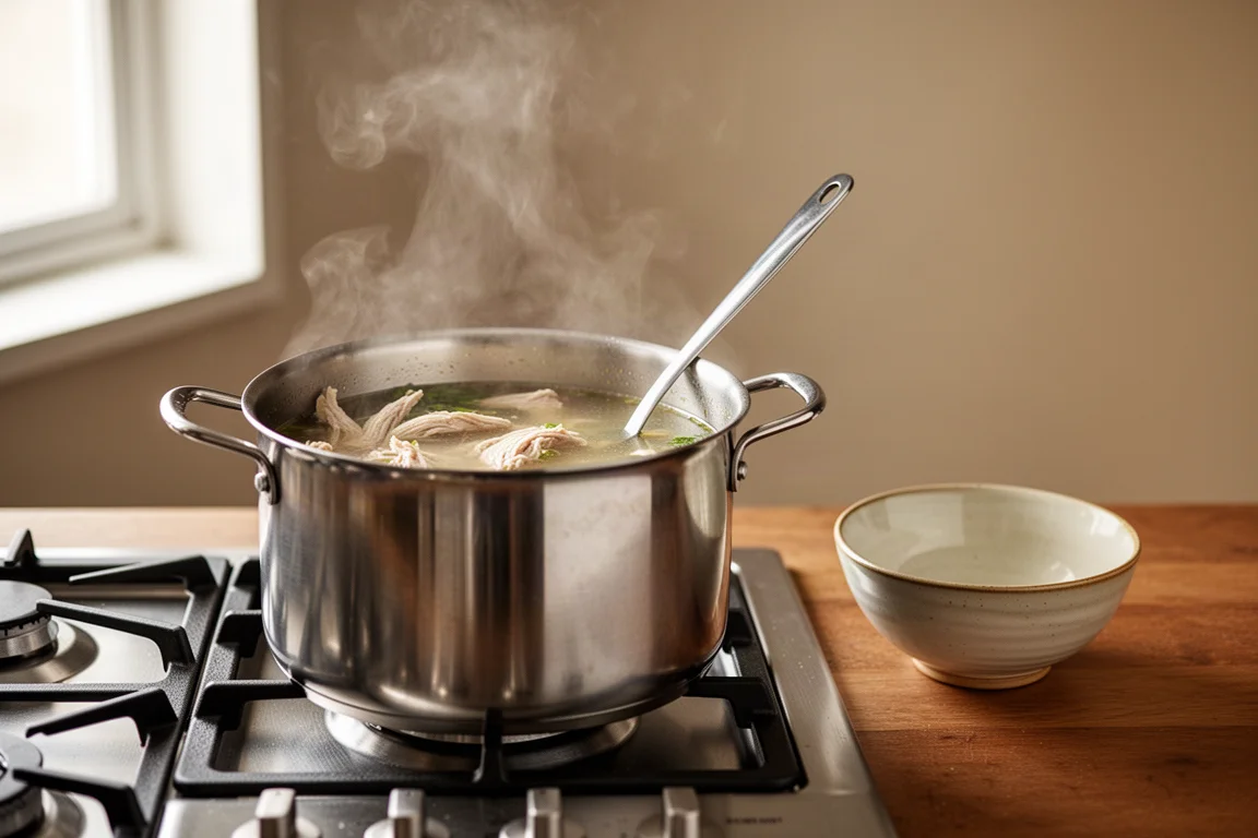 Steam rising from a pot of hot soup on a stovetop while a ladle rests nearby