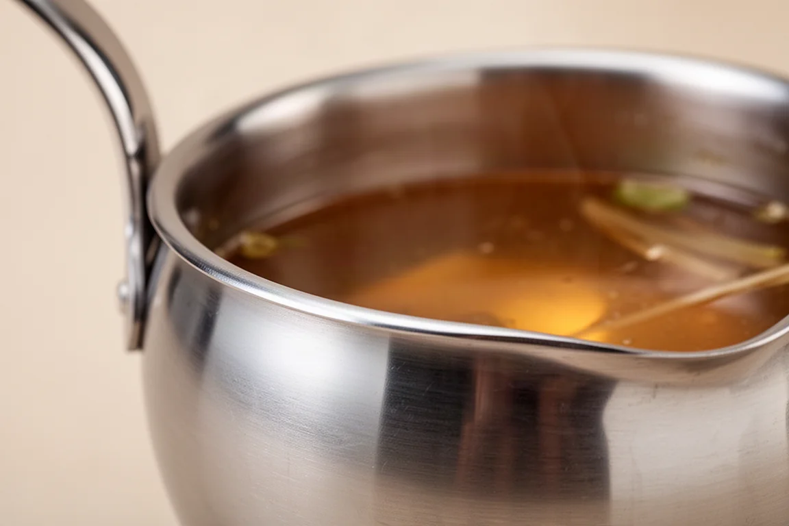 Close-up of a rolled pouring edge on a stainless steel ladle bowl