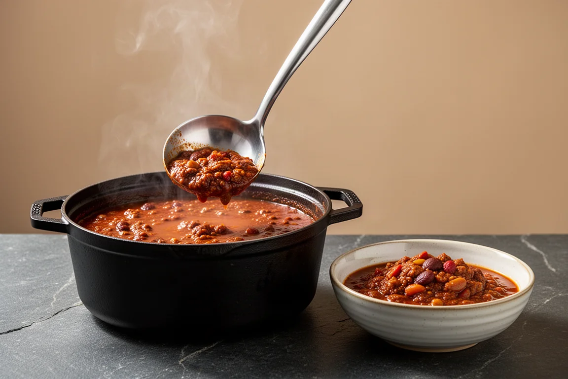 Stainless steel ladle serving chili from a Dutch oven into a bowl
