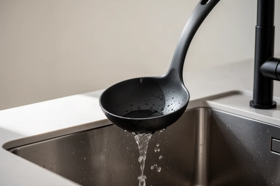 Black nylon ladle being rinsed under a kitchen faucet