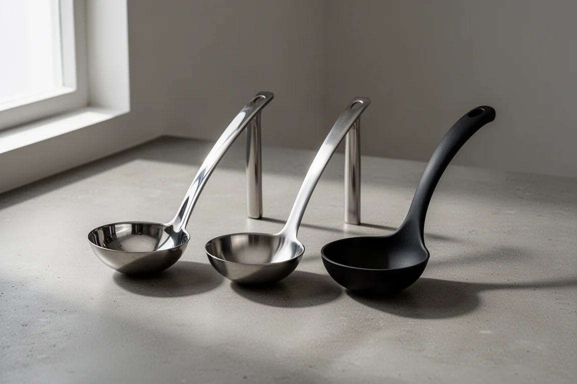 Three kitchen ladles including stainless steel and nylon models arranged on a concrete countertop