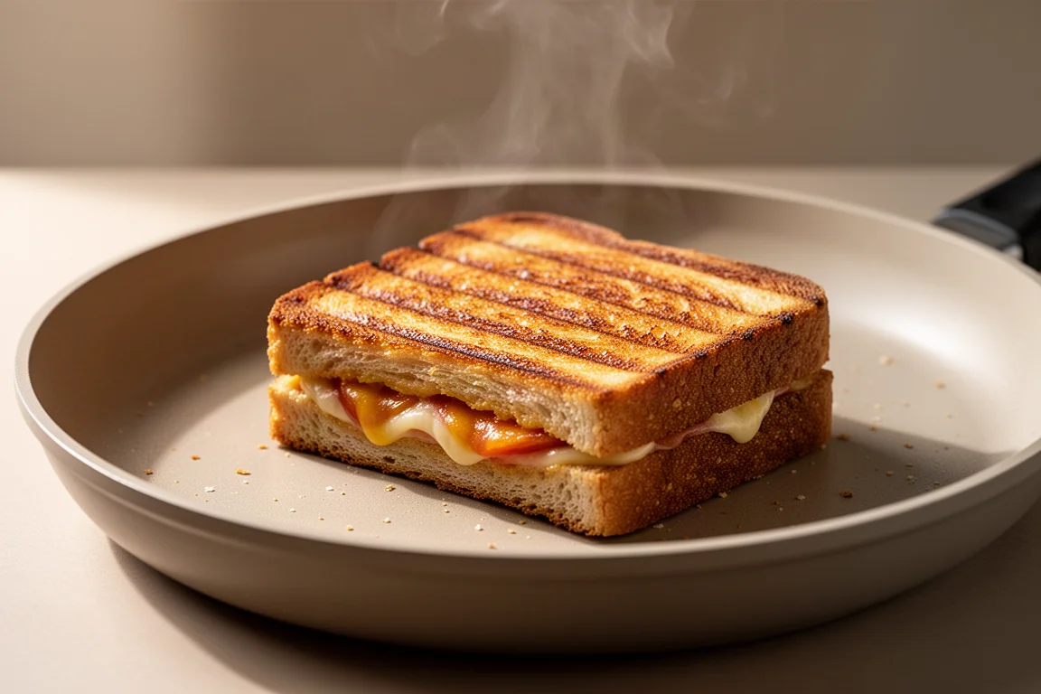 Crispy grilled sandwich with deep grill marks on a ceramic non-stick press plate