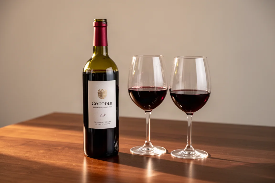 Two glasses of red wine beside an opened bottle on a wooden table
