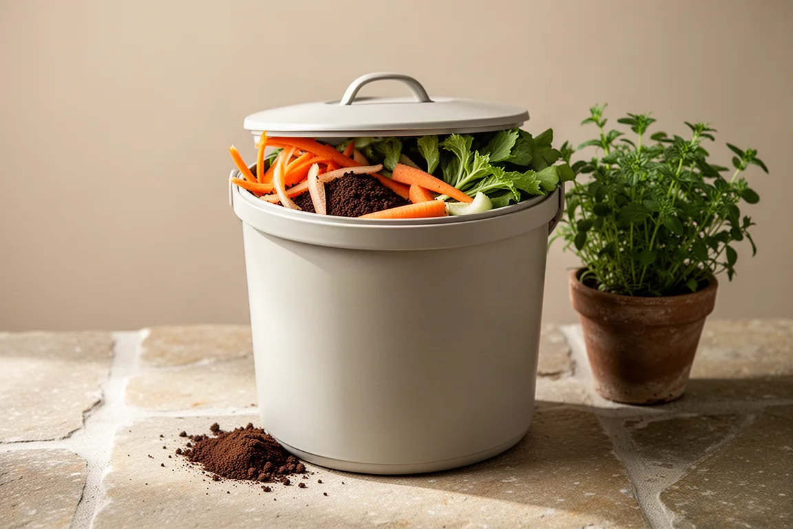 Fresh vegetable scraps in a simple countertop compost bucket
