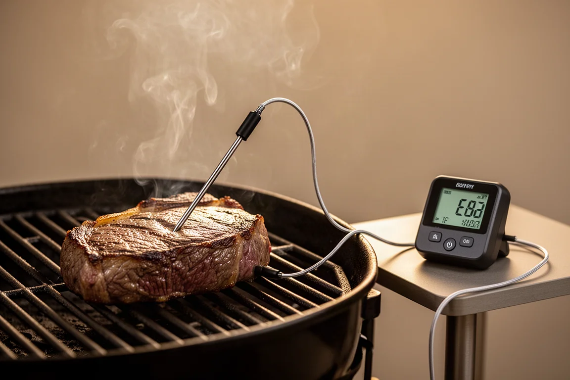 Meat thermometer probe wired to a base unit beside a grill with smoke rising