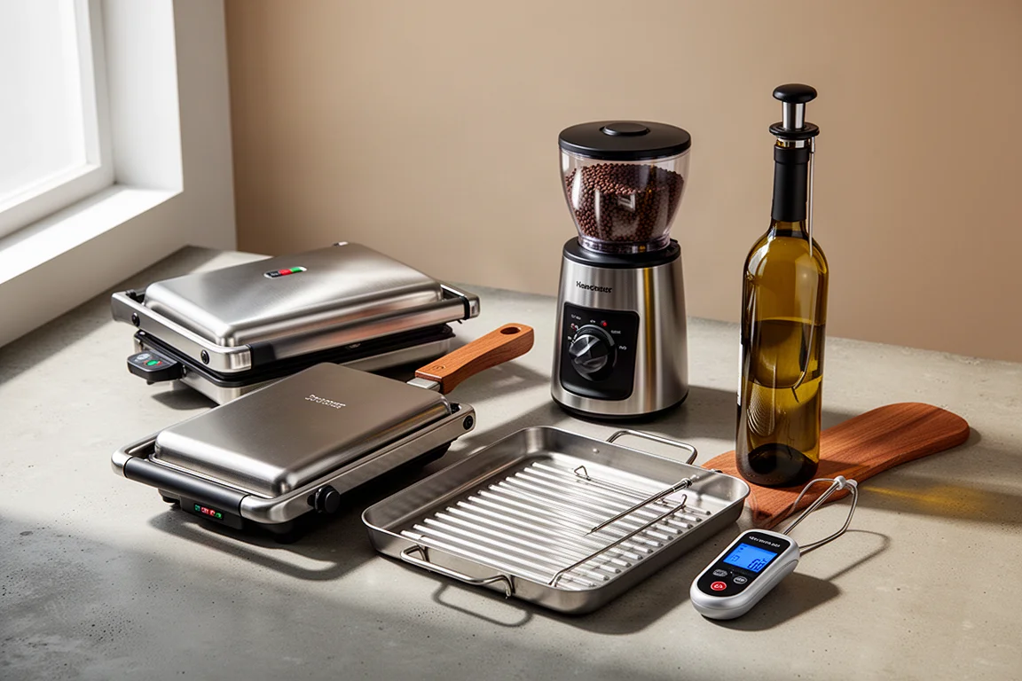 Collection of kitchen products including panini press, coffee grinder, griddle, wine bottle, and thermometer on concrete