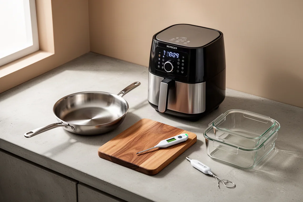Collection of kitchen tools and cookware arranged on a concrete countertop