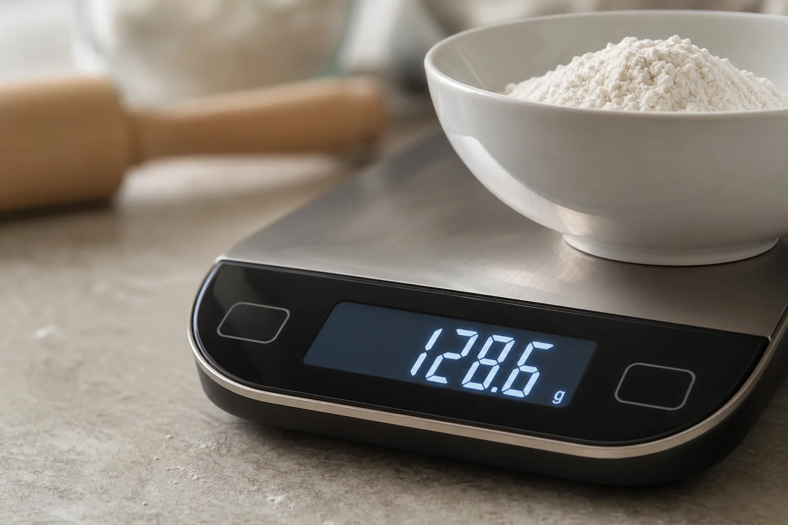 Close-up of a kitchen scale display showing precise gram measurements