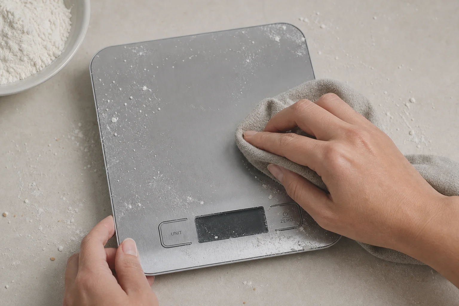 Hands cleaning a kitchen scale with a damp cloth, flour residue visible
