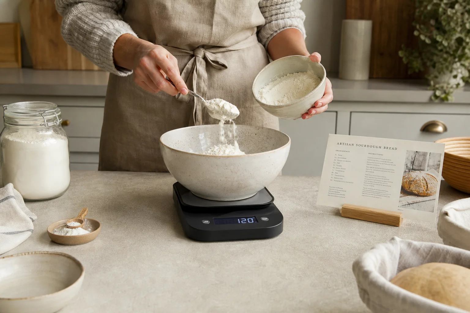 Baker using a kitchen scale to measure ingredients for a recipe