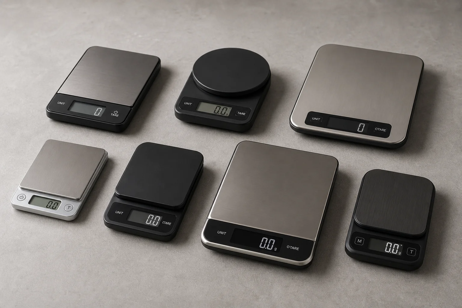 Seven kitchen scales arranged on concrete surface, ranging from budget to premium models