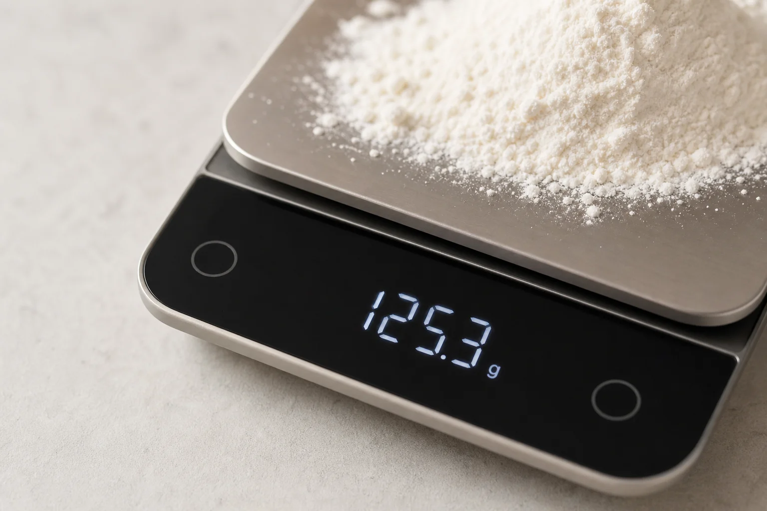 Nahaufnahme des Displays einer Küchenwaage mit präziser Gramm-Anzeige