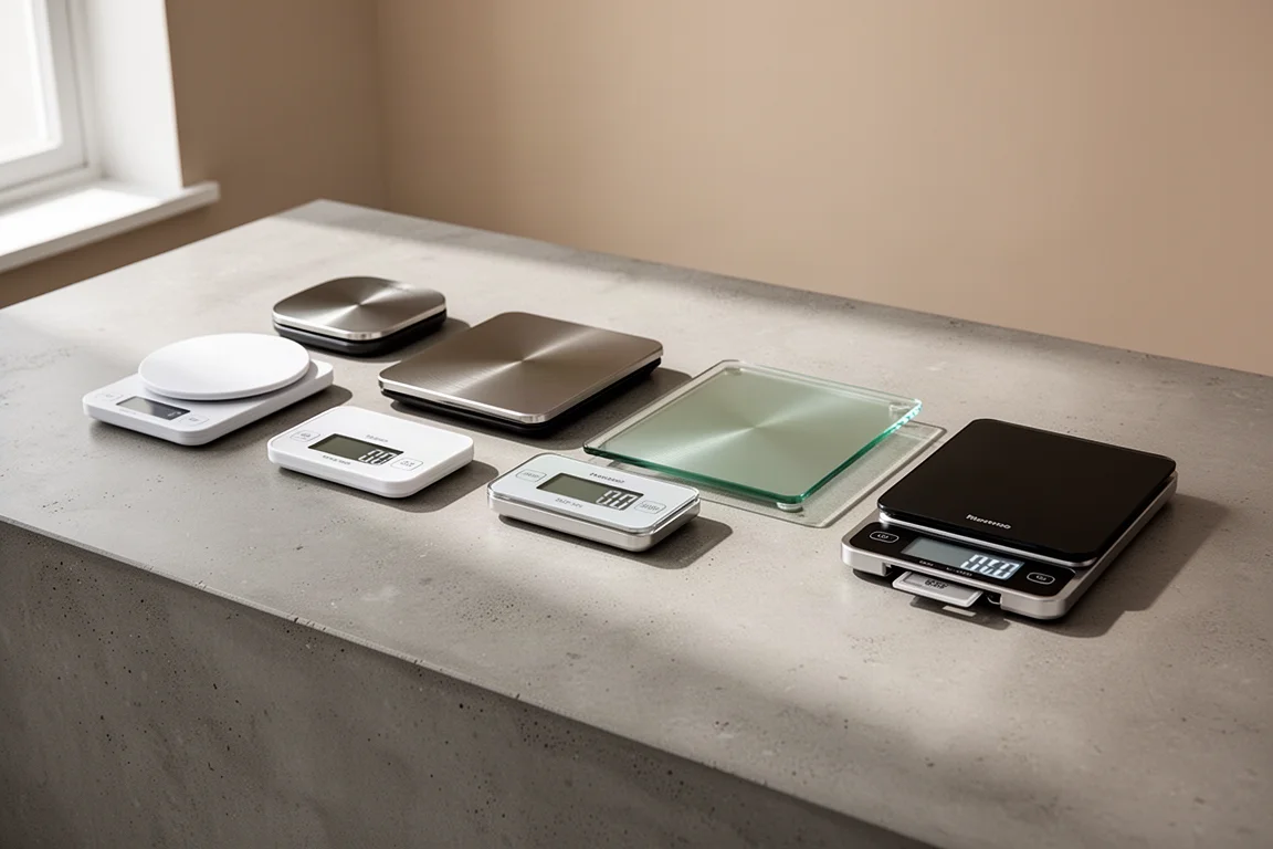Seven different kitchen scales lined up on a concrete kitchen counter