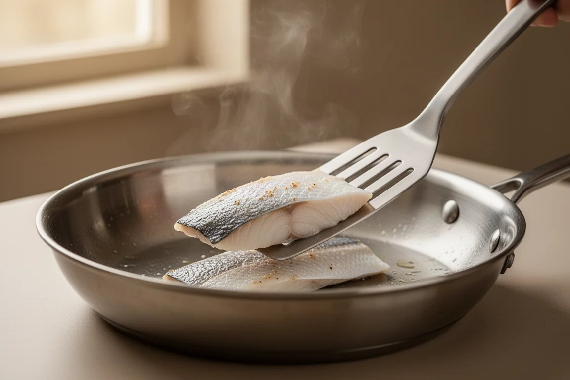 Edelstahl-Fischspatel hebt ein zartes Filet in einer Pfanne