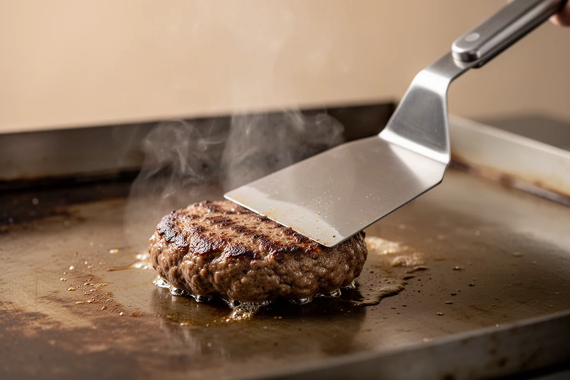 Breiter abgewinkelter Wender wendet einen Burger auf heißer Griddle-Platte