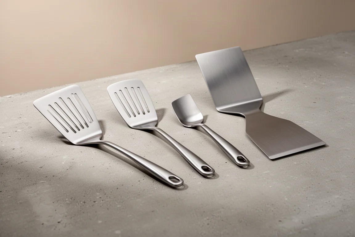 Four different kitchen spatulas lined up on a concrete surface