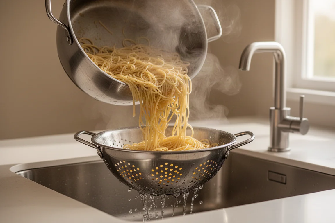 Cooked pasta being poured from a pot into a stainless steel colander in a sink