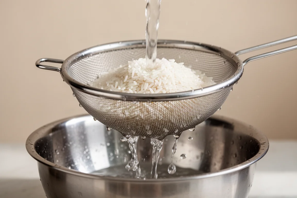 Rice being rinsed under running water in a fine mesh strainer over a bowl