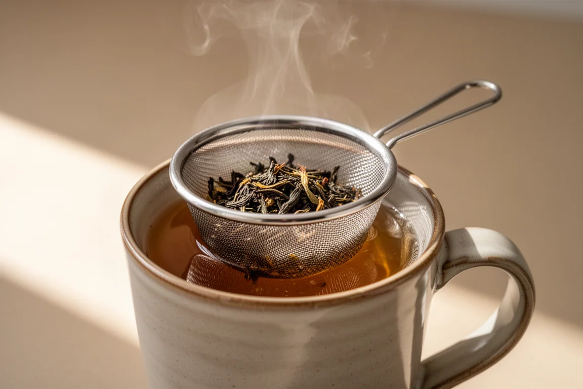 Loose tea leaves steeping inside a fine mesh tea strainer in a mug