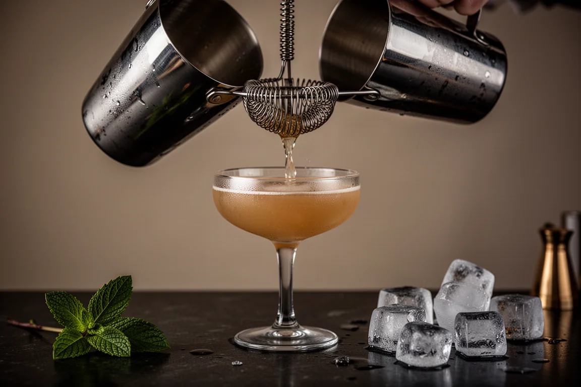 Cocktail being strained through a Hawthorne strainer into a chilled glass