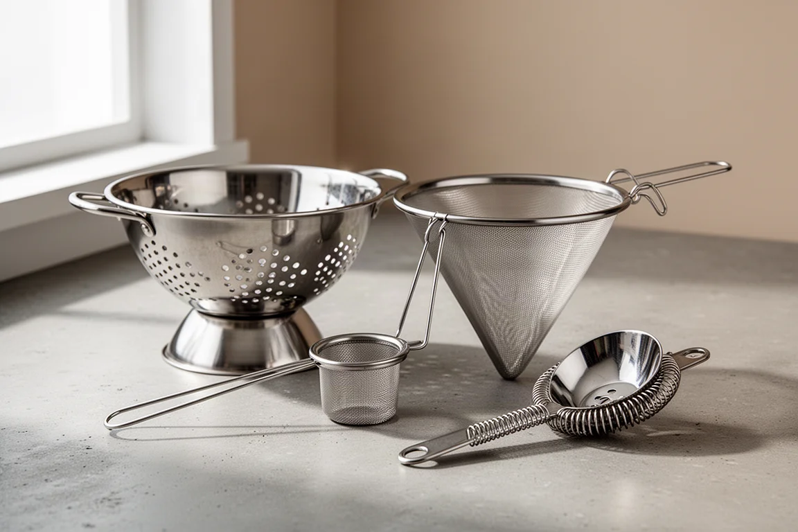 A colander, fine mesh strainer, tea strainer, and cocktail strainer arranged on a concrete surface