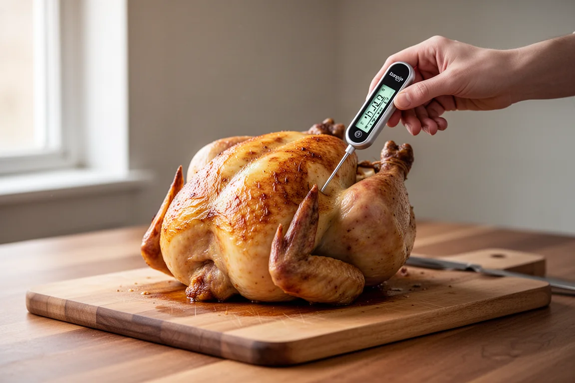 Uno chef controlla la temperatura interna di un pollo arrosto su un piano di lavoro in cucina