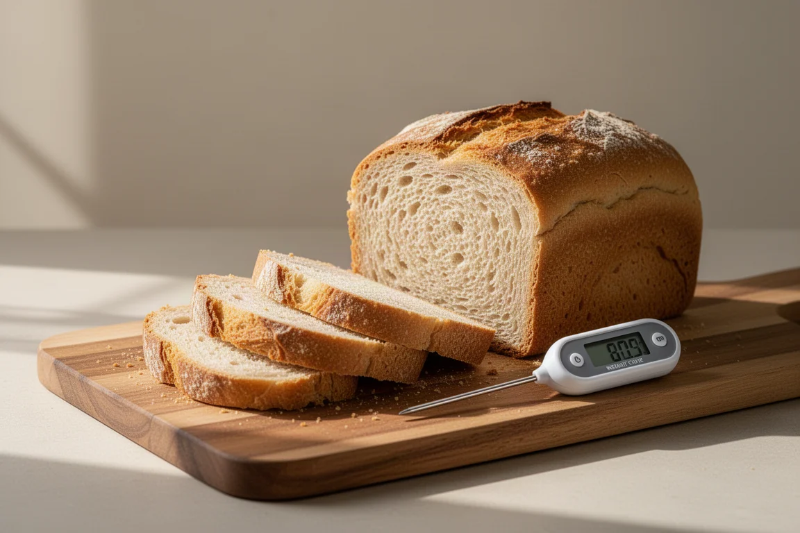 Un termometro compatto a lettura istantanea accanto a fette di pane su un tagliere di legno