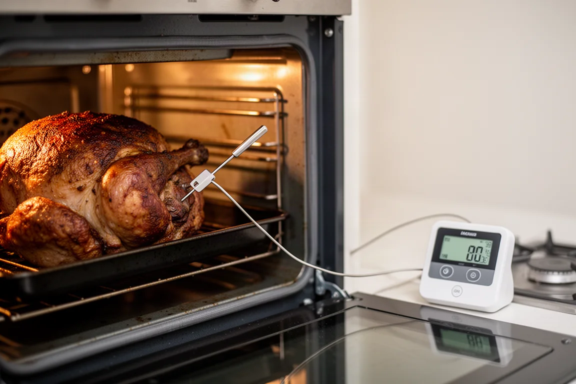 Un termometro con sonda a filo monitora un arrosto dentro un forno aperto