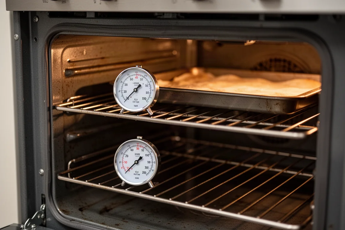 Due termometri analogici da forno appoggiati su ripiani del forno diversi