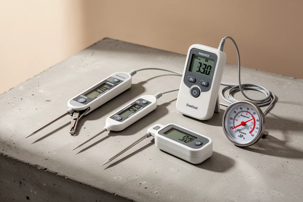 A collection of five kitchen thermometers arranged on a concrete surface