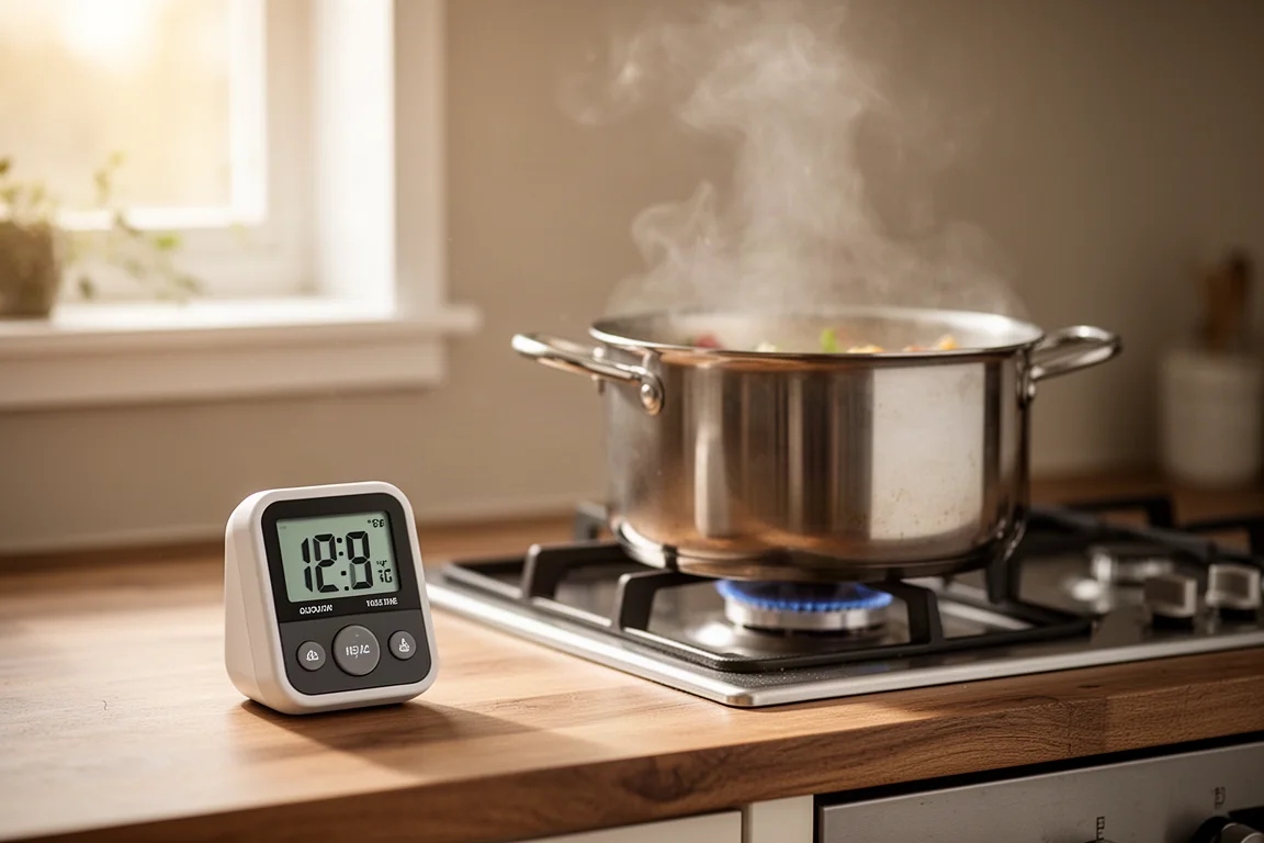 A digital kitchen timer sitting beside a pot on a busy stovetop