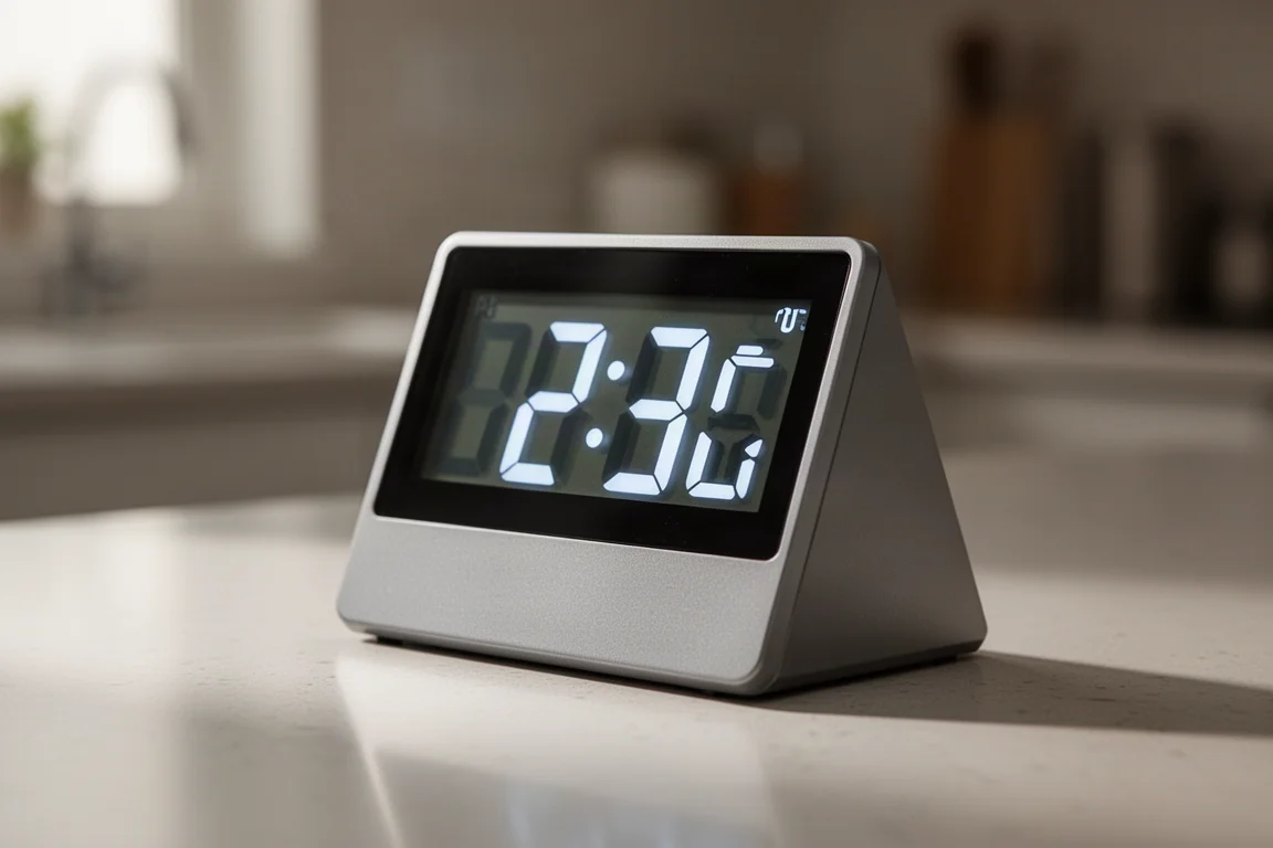 Close-up of a kitchen timer display tilted back on a wedge-shaped stand